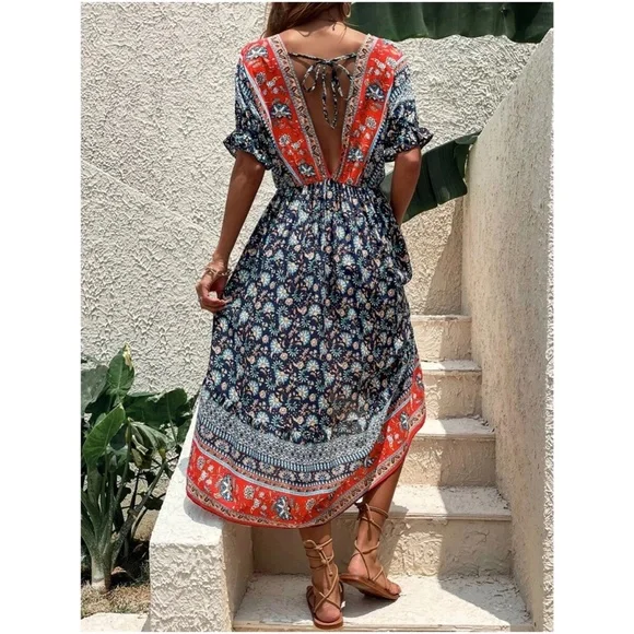 Boho Floral Paisley Print High Low Midi Dress - Picture 2 of 5